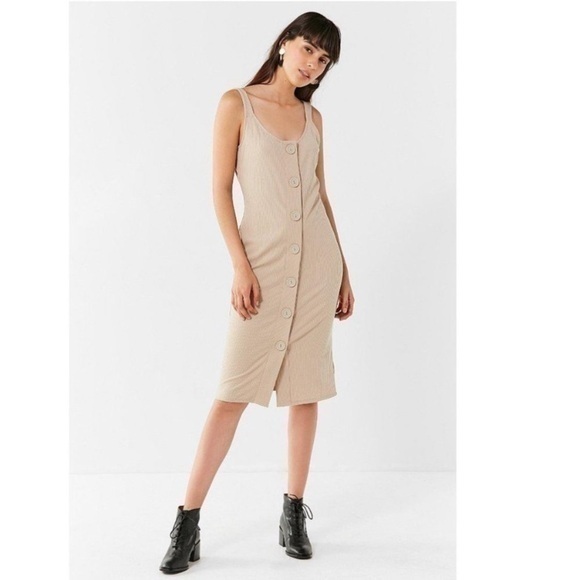 Urban Outfitters Medium Cream Beige Ribbed‎ Knit Midi Dress Button Down - Picture 1 of 11